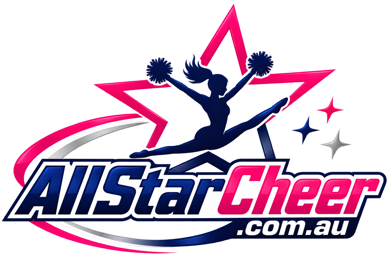 All Star Cheer logo — a leaping cheerleader silhouette with pom-poms inside a pink star, above the AllStarCheer.com.au wordmark